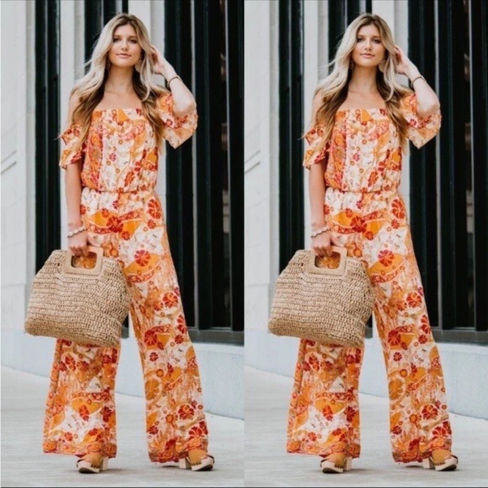 Free People Orange Floral Off-Shoulder Wide-Leg Jumpsuit